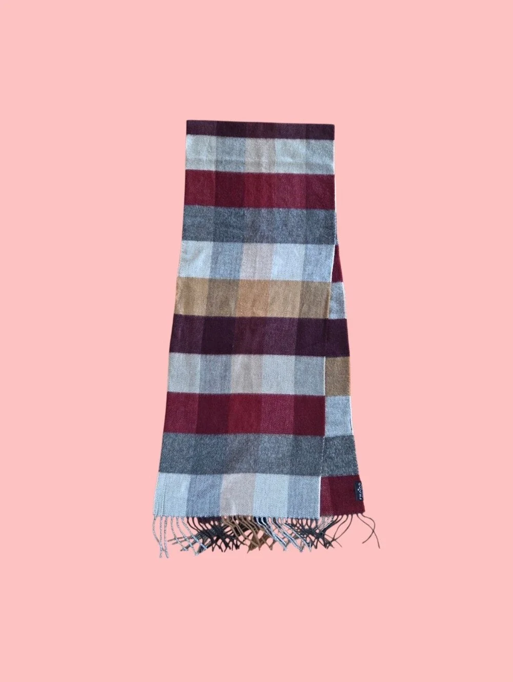 Fraas Plaid Scarf Made in Germany Maroon Gray Tan 14 x 72 Unisex SOFT Fringed